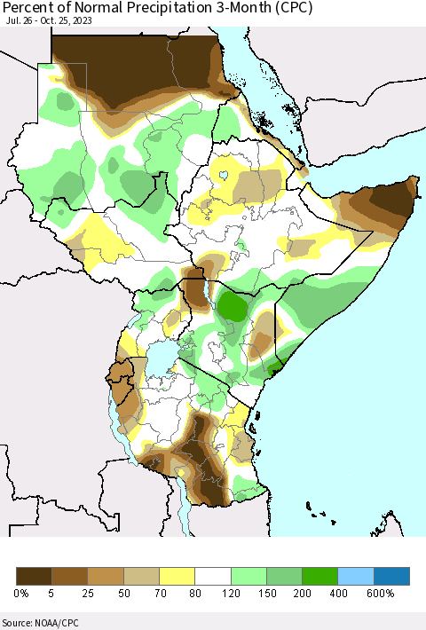 Eastern Africa Percent of Normal Precipitation 3-Month (CPC) Thematic Map For 7/26/2023 - 10/25/2023