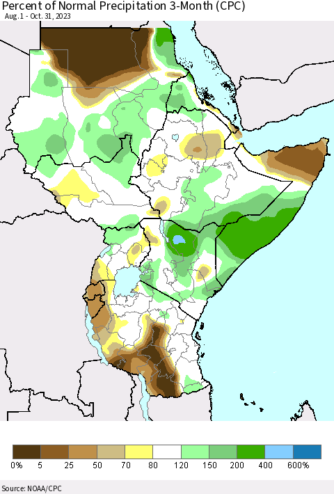 Eastern Africa Percent of Normal Precipitation 3-Month (CPC) Thematic Map For 8/1/2023 - 10/31/2023