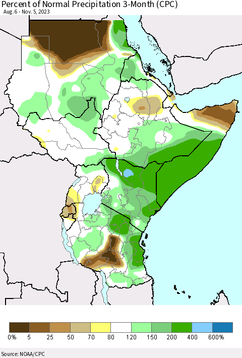 Eastern Africa Percent of Normal Precipitation 3-Month (CPC) Thematic Map For 8/6/2023 - 11/5/2023