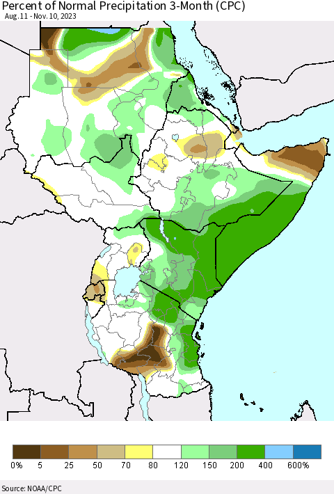 Eastern Africa Percent of Normal Precipitation 3-Month (CPC) Thematic Map For 8/11/2023 - 11/10/2023