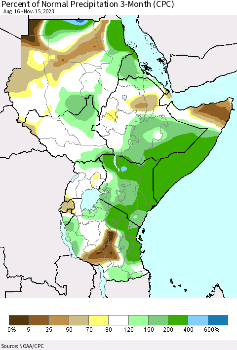 Eastern Africa Percent of Normal Precipitation 3-Month (CPC) Thematic Map For 8/16/2023 - 11/15/2023