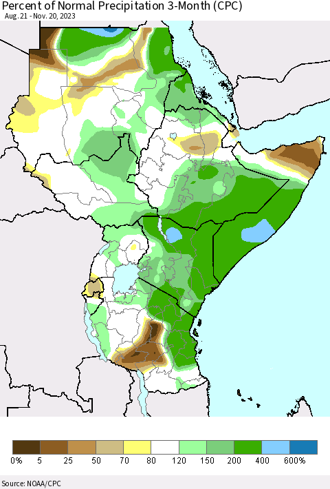 Eastern Africa Percent of Normal Precipitation 3-Month (CPC) Thematic Map For 8/21/2023 - 11/20/2023