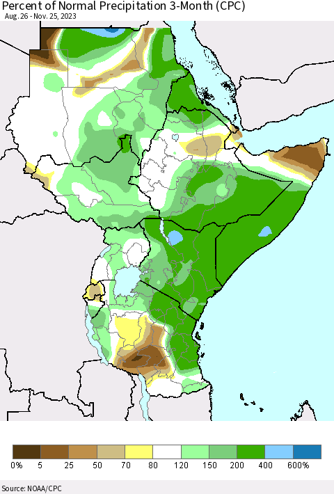 Eastern Africa Percent of Normal Precipitation 3-Month (CPC) Thematic Map For 8/26/2023 - 11/25/2023