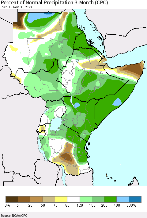 Eastern Africa Percent of Normal Precipitation 3-Month (CPC) Thematic Map For 9/1/2023 - 11/30/2023