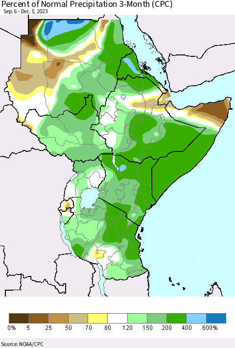 Eastern Africa Percent of Normal Precipitation 3-Month (CPC) Thematic Map For 9/6/2023 - 12/5/2023
