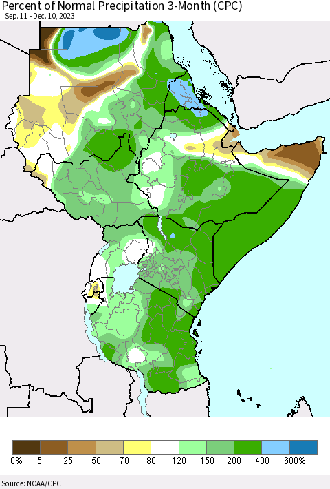 Eastern Africa Percent of Normal Precipitation 3-Month (CPC) Thematic Map For 9/11/2023 - 12/10/2023