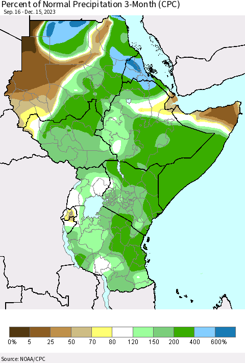 Eastern Africa Percent of Normal Precipitation 3-Month (CPC) Thematic Map For 9/16/2023 - 12/15/2023