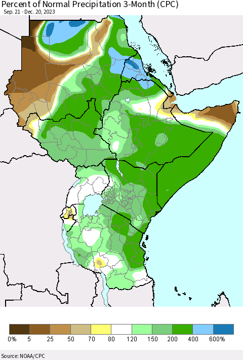Eastern Africa Percent of Normal Precipitation 3-Month (CPC) Thematic Map For 9/21/2023 - 12/20/2023