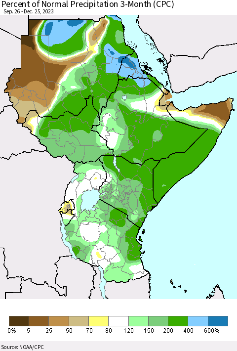 Eastern Africa Percent of Normal Precipitation 3-Month (CPC) Thematic Map For 9/26/2023 - 12/25/2023