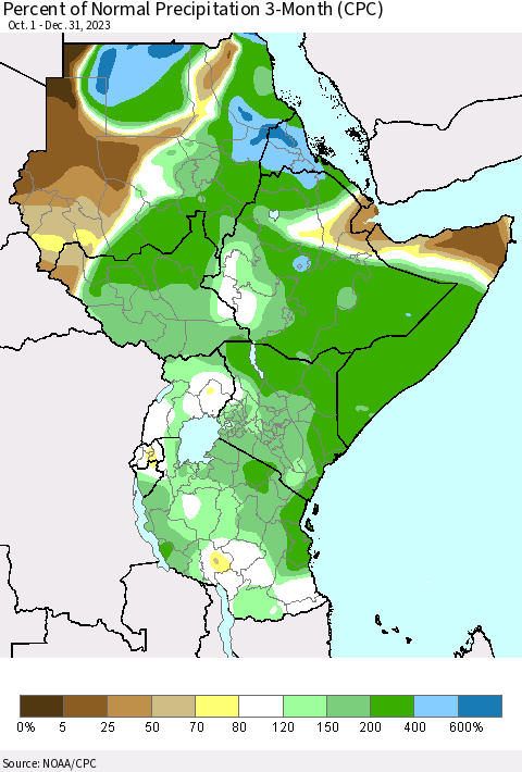 Eastern Africa Percent of Normal Precipitation 3-Month (CPC) Thematic Map For 10/1/2023 - 12/31/2023