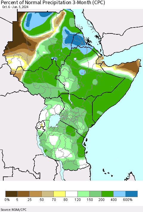 Eastern Africa Percent of Normal Precipitation 3-Month (CPC) Thematic Map For 10/6/2023 - 1/5/2024