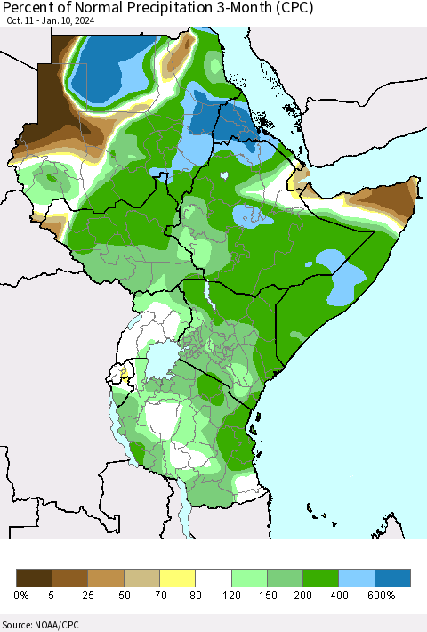 Eastern Africa Percent of Normal Precipitation 3-Month (CPC) Thematic Map For 10/11/2023 - 1/10/2024