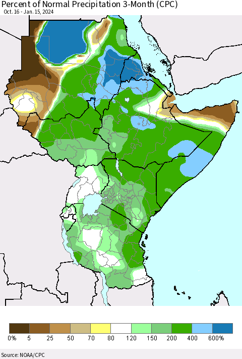 Eastern Africa Percent of Normal Precipitation 3-Month (CPC) Thematic Map For 10/16/2023 - 1/15/2024