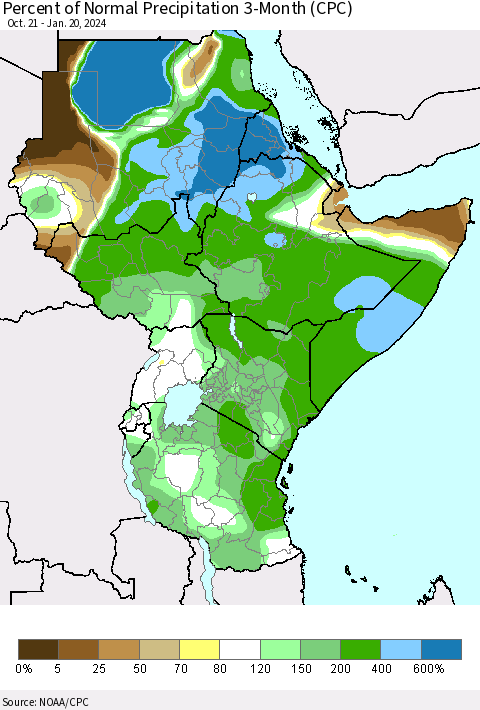 Eastern Africa Percent of Normal Precipitation 3-Month (CPC) Thematic Map For 10/21/2023 - 1/20/2024