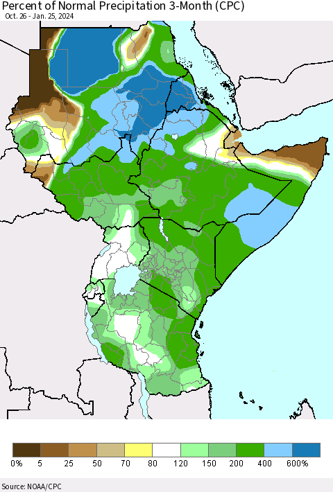 Eastern Africa Percent of Normal Precipitation 3-Month (CPC) Thematic Map For 10/26/2023 - 1/25/2024