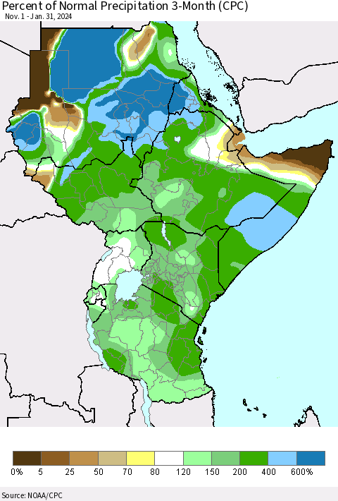 Eastern Africa Percent of Normal Precipitation 3-Month (CPC) Thematic Map For 11/1/2023 - 1/31/2024