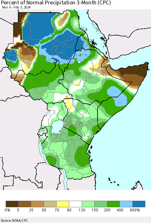 Eastern Africa Percent of Normal Precipitation 3-Month (CPC) Thematic Map For 11/6/2023 - 2/5/2024
