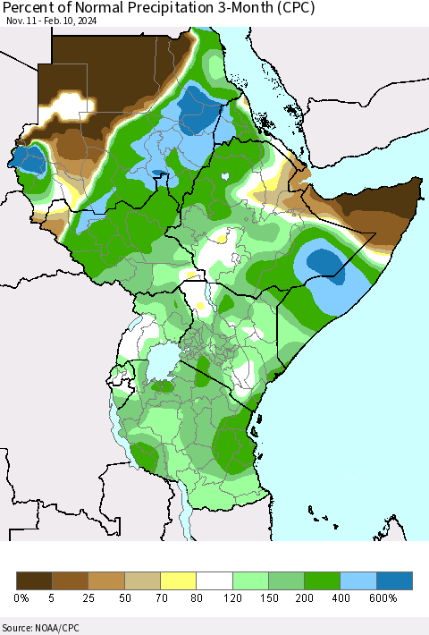 Eastern Africa Percent of Normal Precipitation 3-Month (CPC) Thematic Map For 11/11/2023 - 2/10/2024