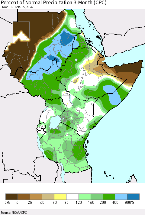 Eastern Africa Percent of Normal Precipitation 3-Month (CPC) Thematic Map For 11/16/2023 - 2/15/2024