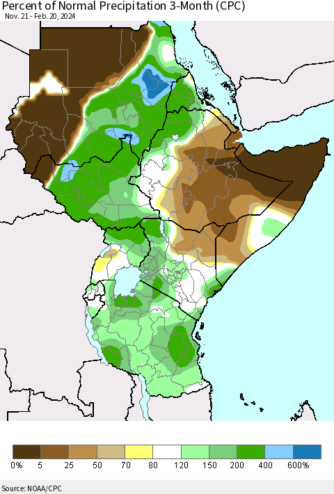 Eastern Africa Percent of Normal Precipitation 3-Month (CPC) Thematic Map For 11/21/2023 - 2/20/2024