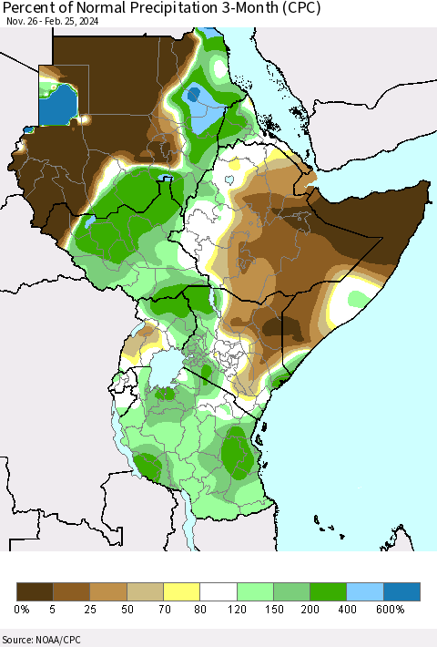 Eastern Africa Percent of Normal Precipitation 3-Month (CPC) Thematic Map For 11/26/2023 - 2/25/2024