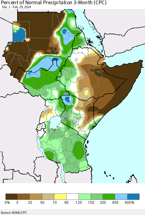 Eastern Africa Percent of Normal Precipitation 3-Month (CPC) Thematic Map For 12/1/2023 - 2/29/2024