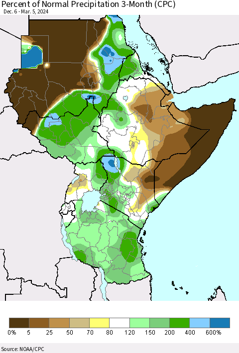 Eastern Africa Percent of Normal Precipitation 3-Month (CPC) Thematic Map For 12/6/2023 - 3/5/2024