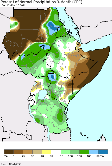 Eastern Africa Percent of Normal Precipitation 3-Month (CPC) Thematic Map For 12/11/2023 - 3/10/2024