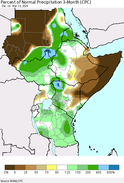 Eastern Africa Percent of Normal Precipitation 3-Month (CPC) Thematic Map For 12/16/2023 - 3/15/2024