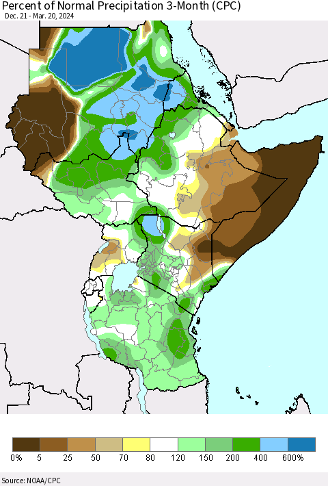 Eastern Africa Percent of Normal Precipitation 3-Month (CPC) Thematic Map For 12/21/2023 - 3/20/2024