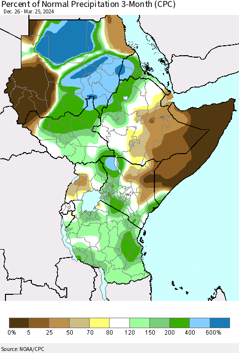 Eastern Africa Percent of Normal Precipitation 3-Month (CPC) Thematic Map For 12/26/2023 - 3/25/2024