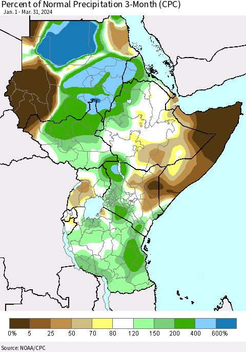 Eastern Africa Percent of Normal Precipitation 3-Month (CPC) Thematic Map For 1/1/2024 - 3/31/2024