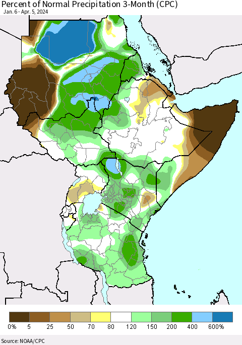 Eastern Africa Percent of Normal Precipitation 3-Month (CPC) Thematic Map For 1/6/2024 - 4/5/2024