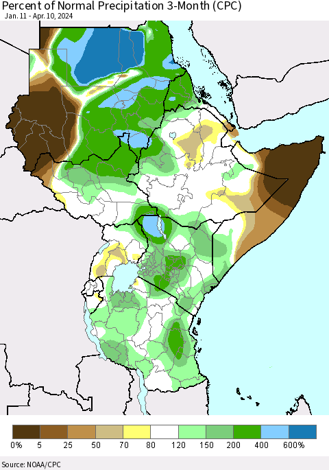 Eastern Africa Percent of Normal Precipitation 3-Month (CPC) Thematic Map For 1/11/2024 - 4/10/2024