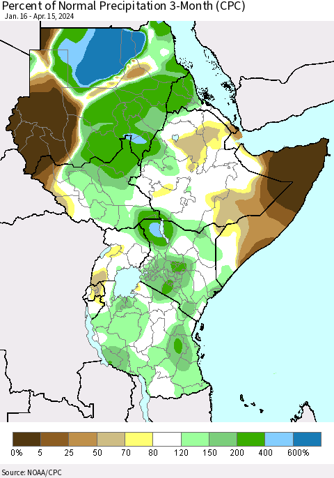 Eastern Africa Percent of Normal Precipitation 3-Month (CPC) Thematic Map For 1/16/2024 - 4/15/2024