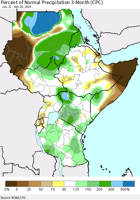 Eastern Africa Percent of Normal Precipitation 3-Month (CPC) Thematic Map For 1/21/2024 - 4/20/2024