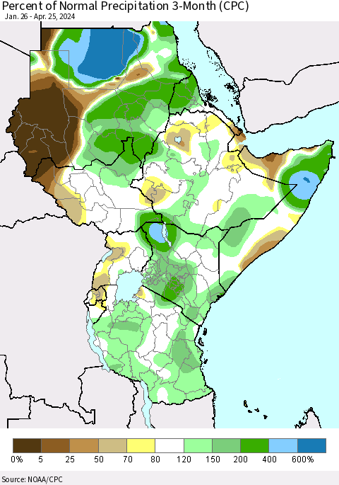 Eastern Africa Percent of Normal Precipitation 3-Month (CPC) Thematic Map For 1/26/2024 - 4/25/2024