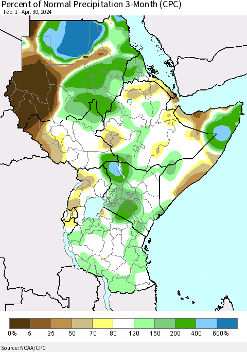 Eastern Africa Percent of Normal Precipitation 3-Month (CPC) Thematic Map For 2/1/2024 - 4/30/2024