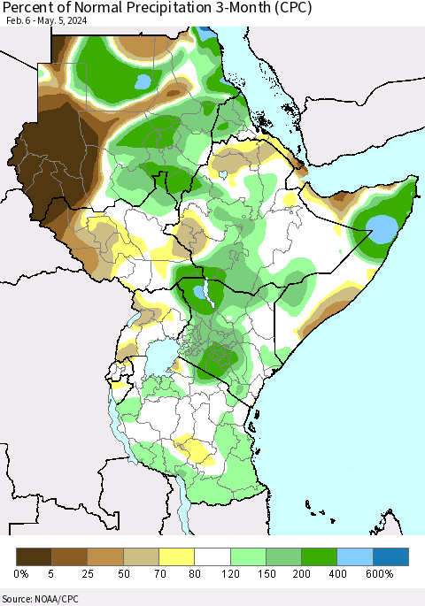 Eastern Africa Percent of Normal Precipitation 3-Month (CPC) Thematic Map For 2/6/2024 - 5/5/2024