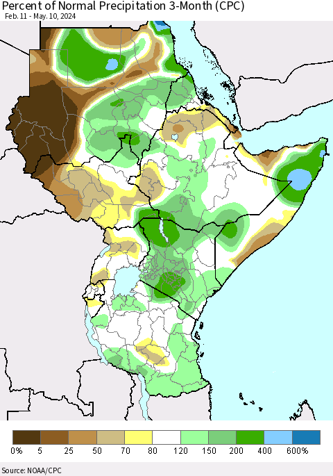 Eastern Africa Percent of Normal Precipitation 3-Month (CPC) Thematic Map For 2/11/2024 - 5/10/2024