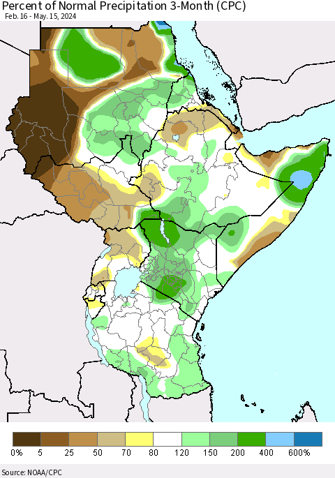 Eastern Africa Percent of Normal Precipitation 3-Month (CPC) Thematic Map For 2/16/2024 - 5/15/2024