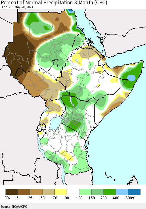 Eastern Africa Percent of Normal Precipitation 3-Month (CPC) Thematic Map For 2/21/2024 - 5/20/2024