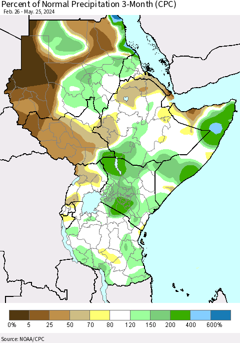 Eastern Africa Percent of Normal Precipitation 3-Month (CPC) Thematic Map For 2/26/2024 - 5/25/2024