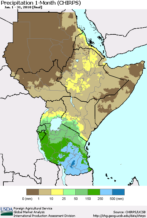 Eastern Africa Precipitation 1-Month (CHIRPS) Thematic Map For 1/1/2018 - 1/31/2018