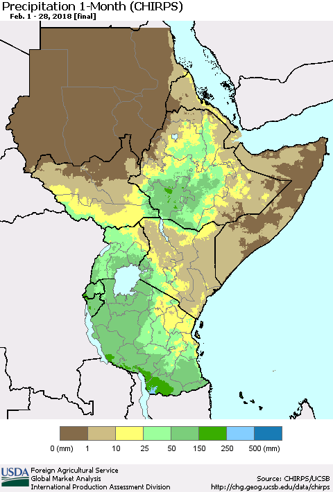 Eastern Africa Precipitation 1-Month (CHIRPS) Thematic Map For 2/1/2018 - 2/28/2018