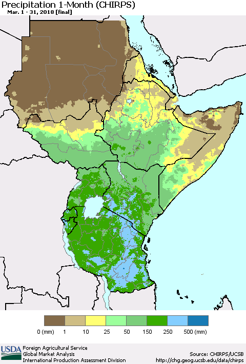 Eastern Africa Precipitation 1-Month (CHIRPS) Thematic Map For 3/1/2018 - 3/31/2018