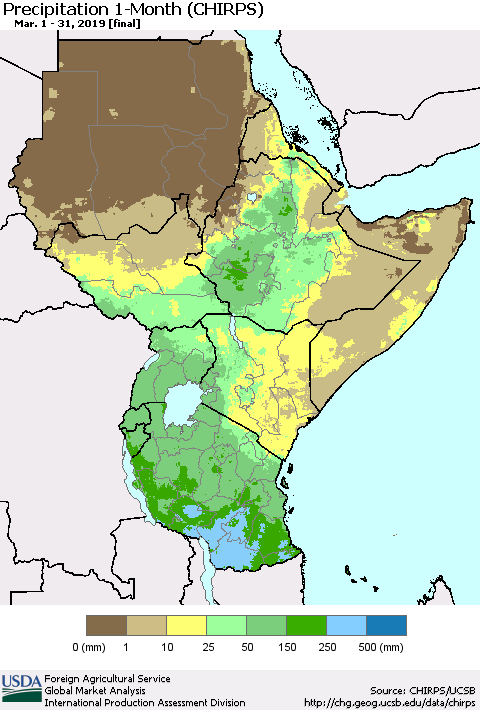 Eastern Africa Precipitation 1-Month (CHIRPS) Thematic Map For 3/1/2019 - 3/31/2019