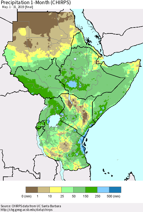Eastern Africa Precipitation 1-Month (CHIRPS) Thematic Map For 5/1/2019 - 5/31/2019