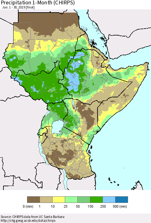 Eastern Africa Precipitation 1-Month (CHIRPS) Thematic Map For 6/1/2019 - 6/30/2019