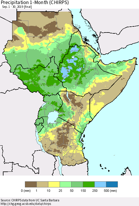 Eastern Africa Precipitation 1-Month (CHIRPS) Thematic Map For 9/1/2019 - 9/30/2019